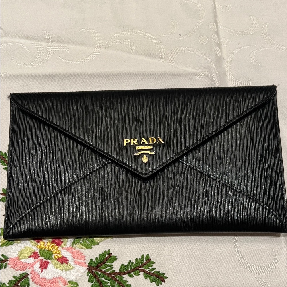 Prada Vitello Move Black Leather Long Envelope Wallet with Gold-Tone